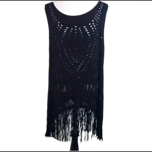 Trendy Boho Faux black faux suede fringe tunic Western Gothic Cowgirl Concert - Picture 1 of 7